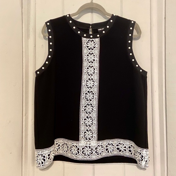 Karl Lagerfield black Vintage sleeveless top with lace & pearls size large. - Picture 1 of 3